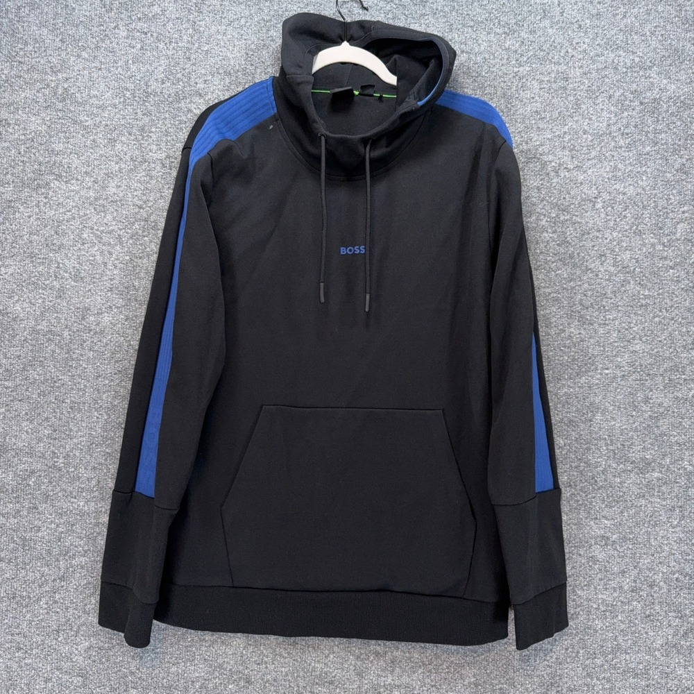 Hugo Boss Hoodie Mens XL Black Blue Stripe Logo Funnel Neck Pullover Sweatshirt